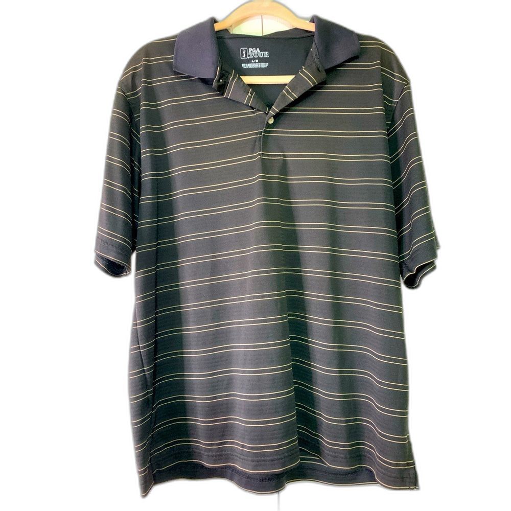 PGA Tour Black Stripe Polo Golf Shirt Mens L #558